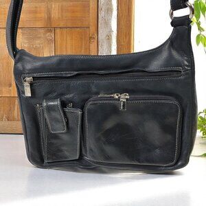Vintage Perlina Black Leather Crossbody Bag with Organizer Pockets